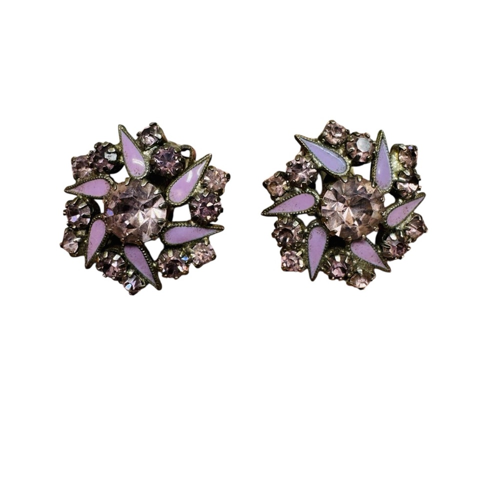 WEISS Clip-on Earrings Rhinestone Enamel Pink Glass Flower Button Vintage